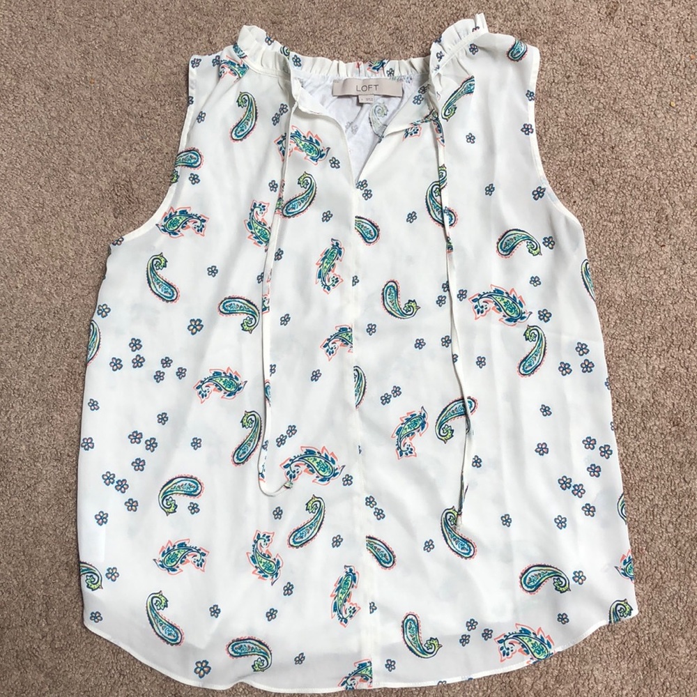 Loft Paisley Ruffle Tie Neck Mixed Media Shell